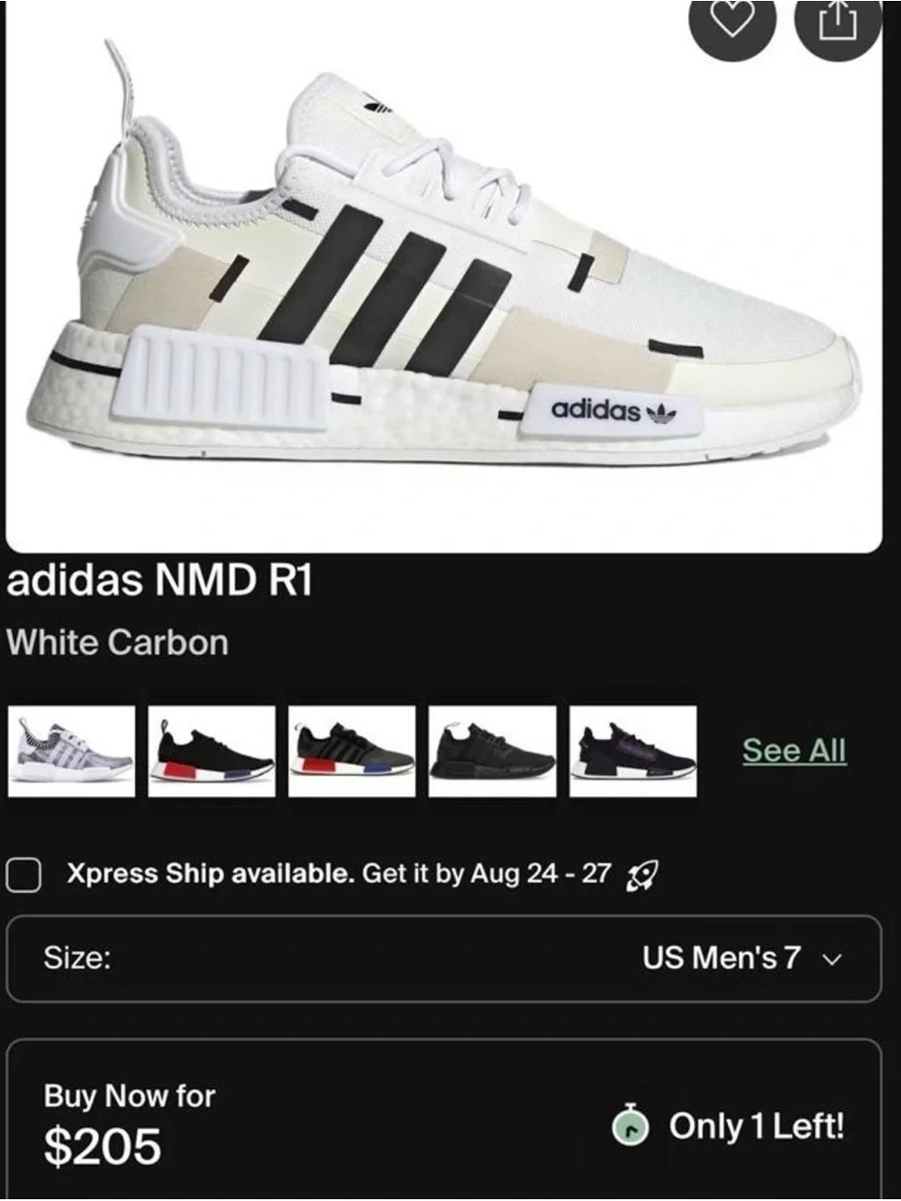 Adidas NMD R1 Carbon white sneakers with black stripes Size men’s 5